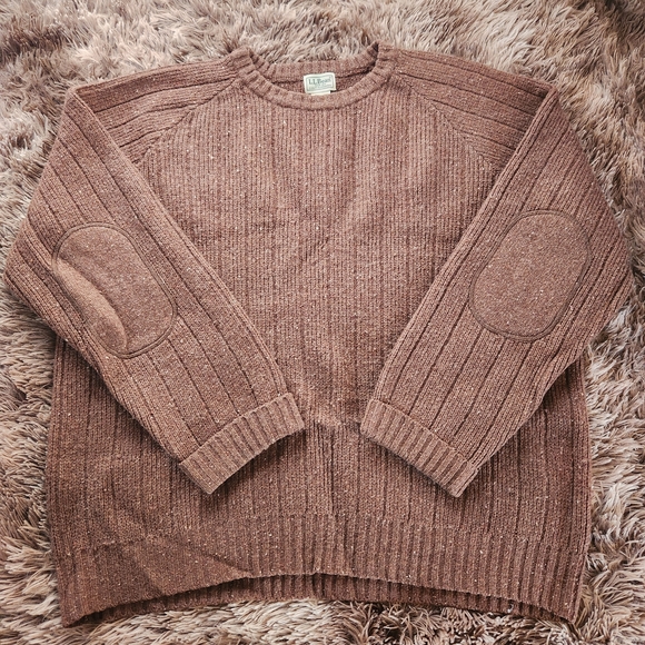 Vintage L.L.Bean Men's Brown 100% Shetland Wool Sweater with Elbow Patches